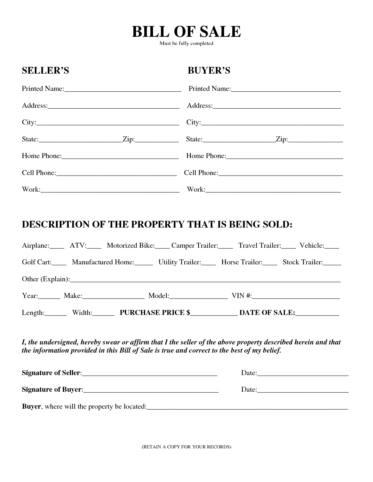 free printable bill of sale template pdf
