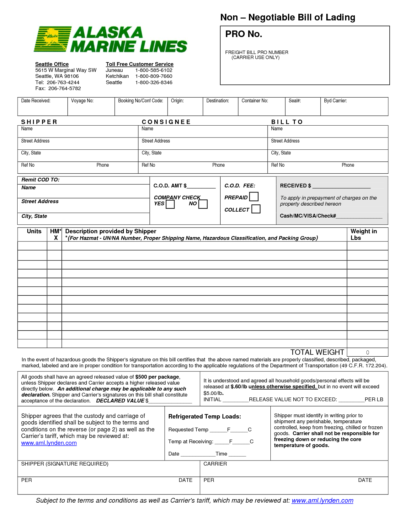 Printable Bill Of Lading Template