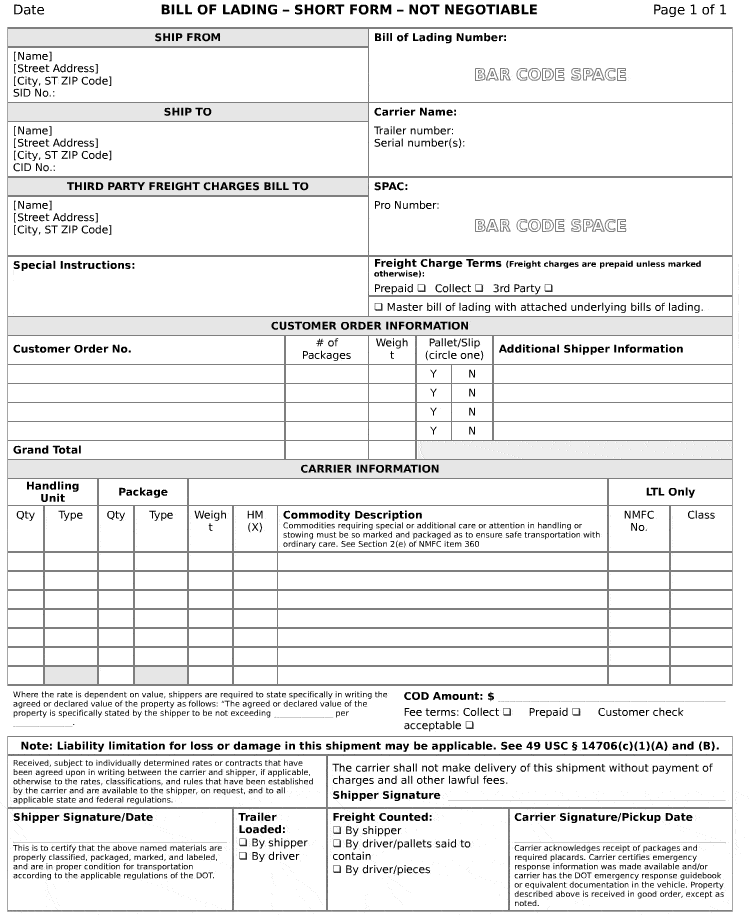 Bill Of Lading Templates 11 Printable Word PDF Formats