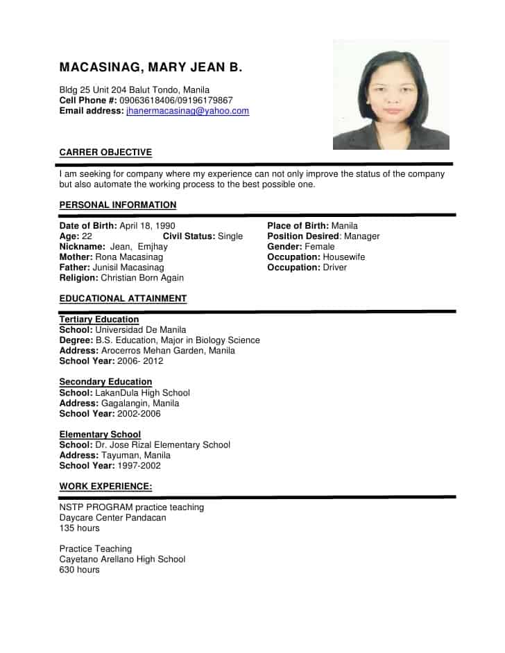 Resume Format Sample CV Resume CV Login Curriculum Vitae